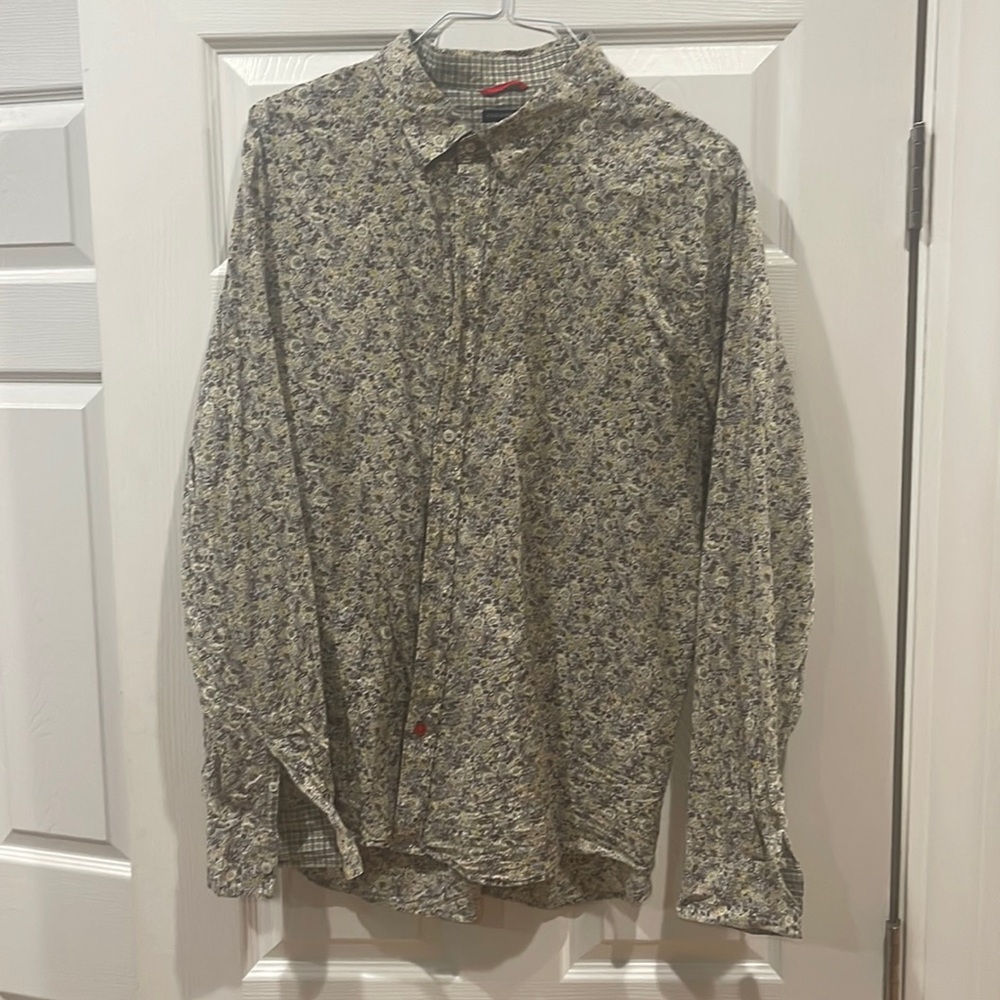 Men's Floral Button-Down Shirt- XXL - Cream and Blue